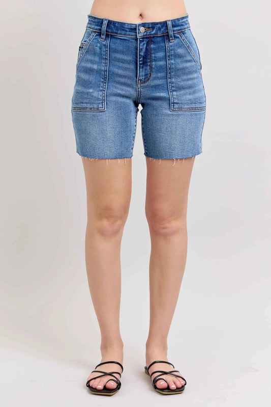 Mid Rise Bermudas Denim Shorts W/ Back Flap Pockets