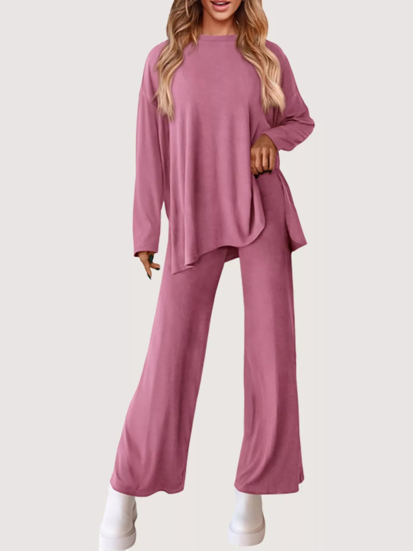 Casual Loose Long Sleeve Top and Wide Leg Pants Set