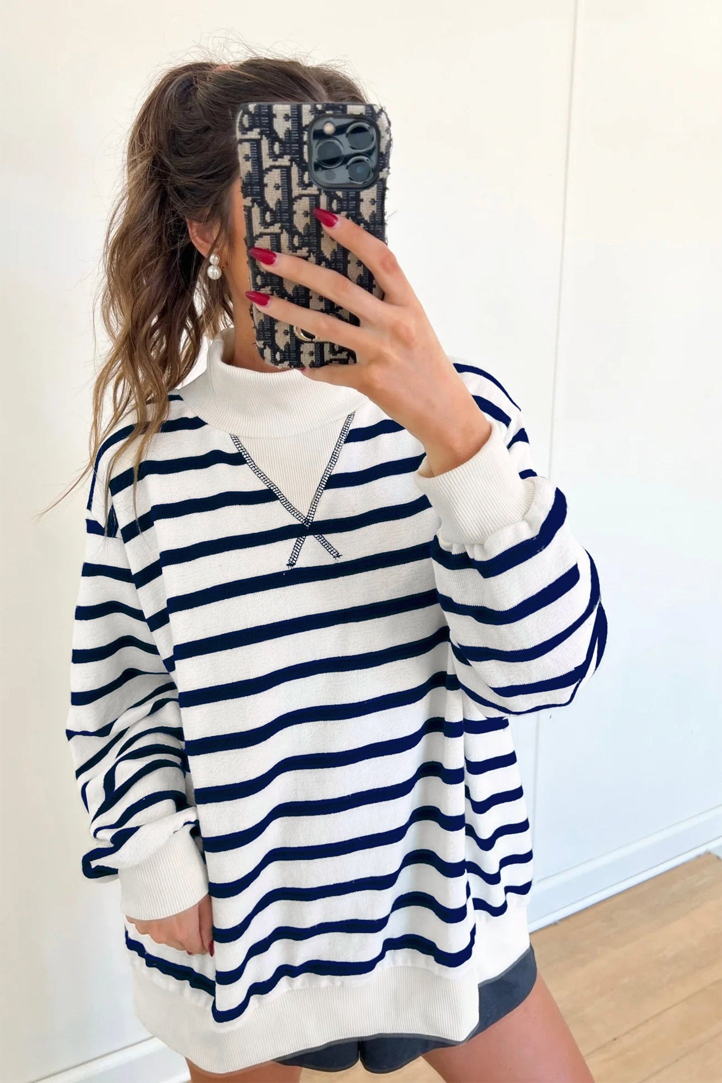 Stripe Ribbed Trim Stand Neck Long Sleeve Sweatshirt