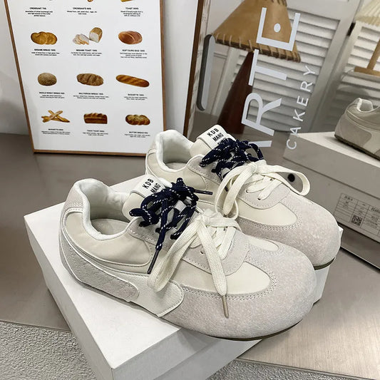 Lace Up Round Toe Flat Sneakers Beige