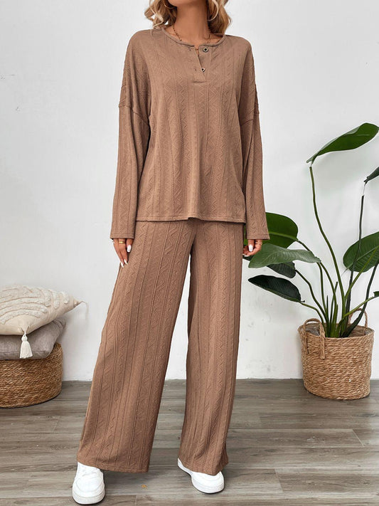 Perfee Quarter Button Long Sleeve Top and Pants Set Camel