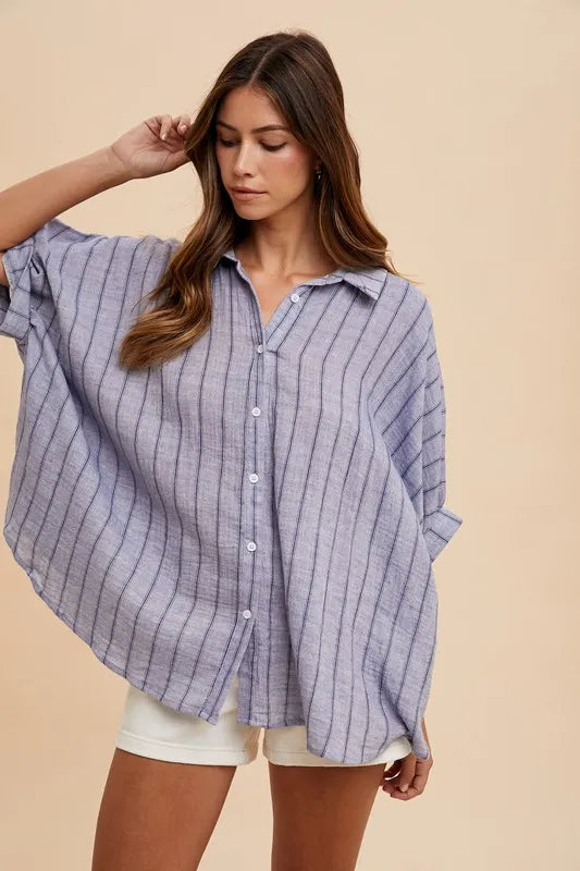 Annie Wear Striped Button Up Half Sleeve Shirt Dusty Blue