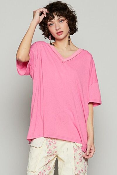POL V-Neck Half Sleeve T-Shirt Barbie Pink