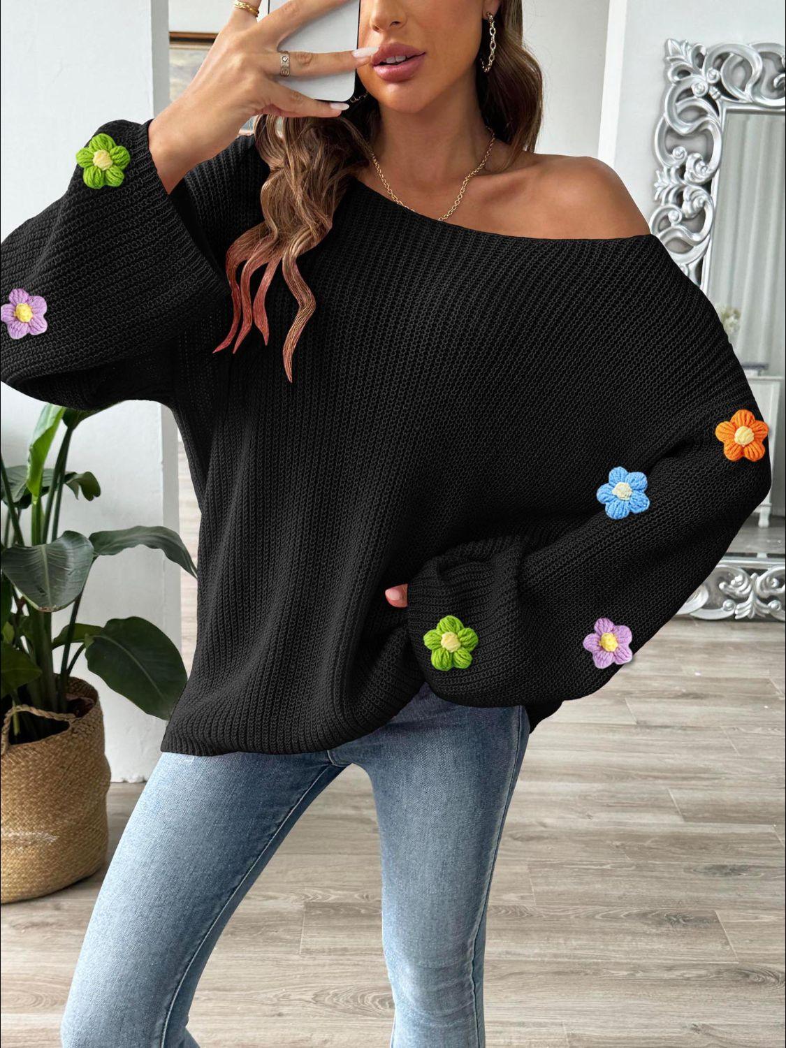 Flower Round Neck Long Sleeve Sweater Black