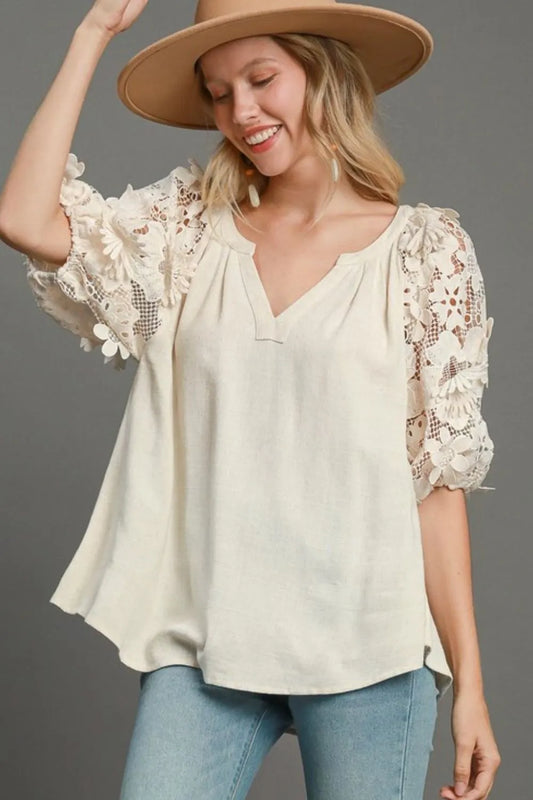 Umgee Full Size French Terry Boxy Cut Top with 3D Floral Sleeve Plus Size OATMEAL