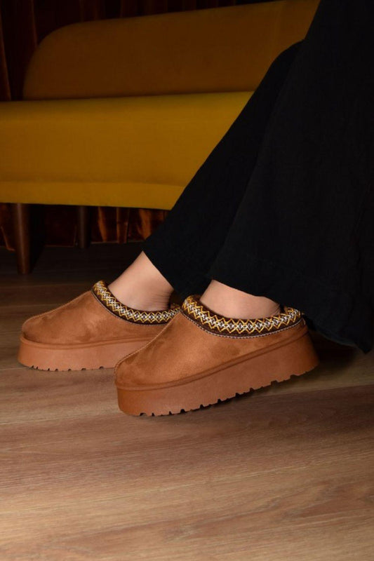 WILD DIVA Embroidered Trim Round Toe Platform Boots Brown