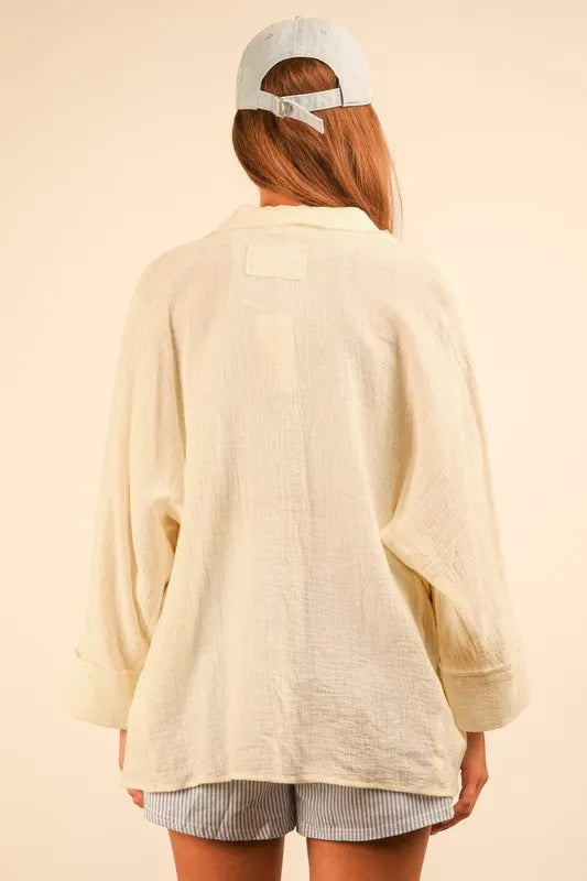 VERY J Dolman Sleeve Button Down Gauze Shirt