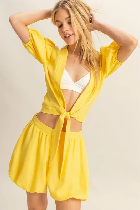 HYFVE Front Tie Top and Bubble Hem Shorts YELLOW