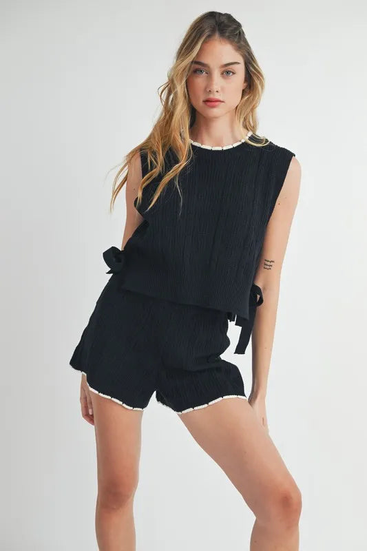 MABLE Side Tie Detail Knit Vest and Shorts Set Black