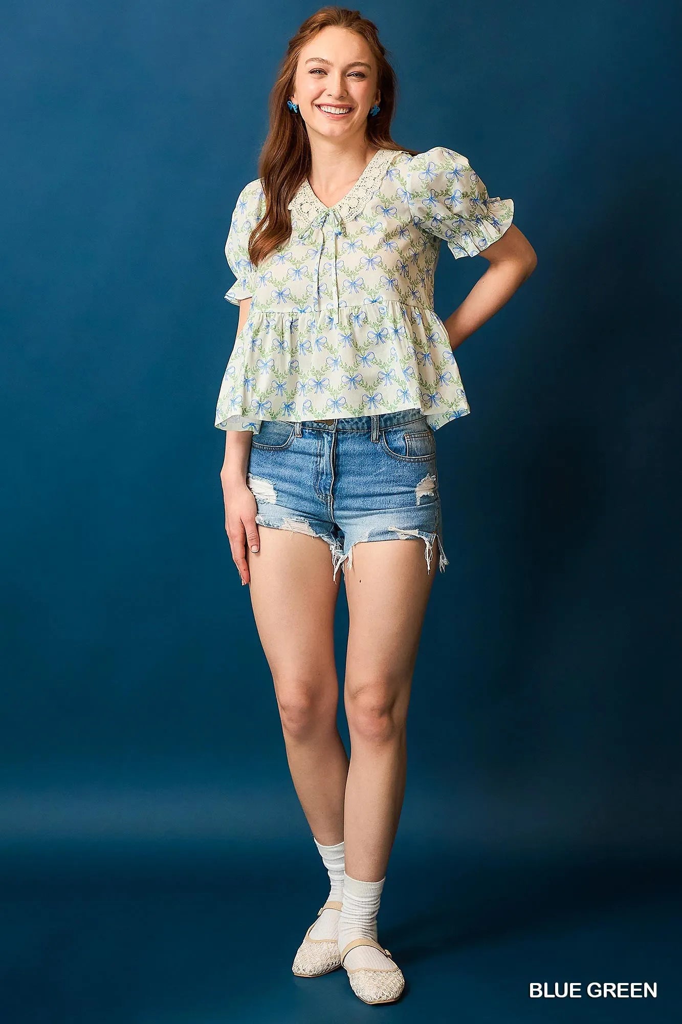 Umgee Lace Detail Bow Print Flounce Sleeve Blouse