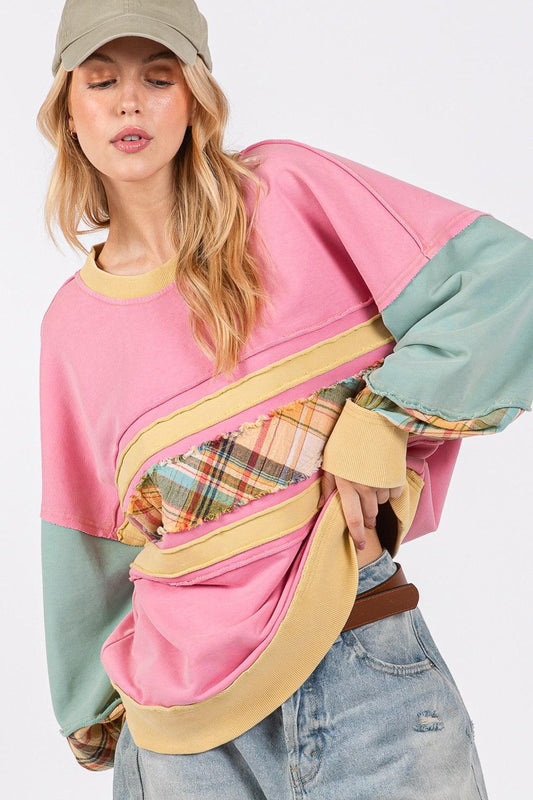 SAGE + FIG Mineral Wash Raw Edge Color Block Sweatshirt Barbie Pink