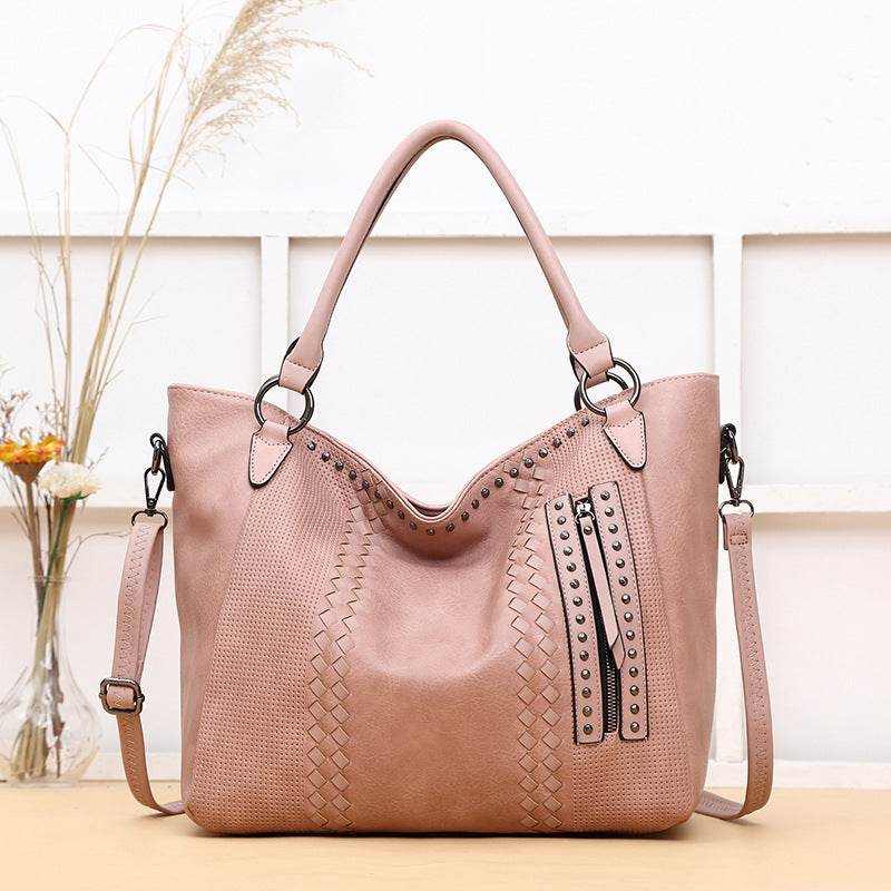Ladies Trend One Shoulder Crossbody Tote Bag - PU Large Rivet Horizontal Square Bag