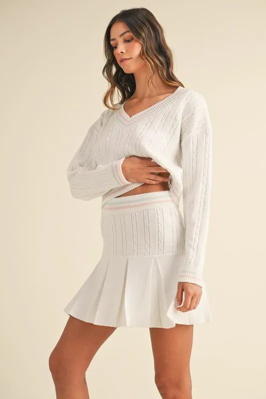 MABLE V-Neck Varsity Crop Knit Sweater and Skirt Set