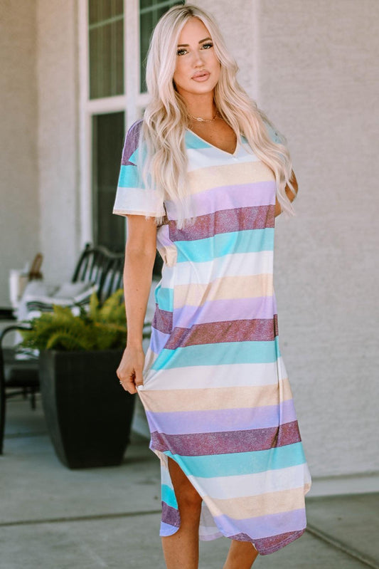 Striped V-Neck Curved Hem Midi Dress Purple