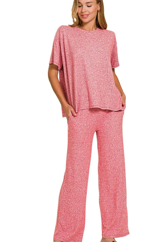 Zenana Soft Melange Short Sleeve Tee & Long Pants Set DK RED