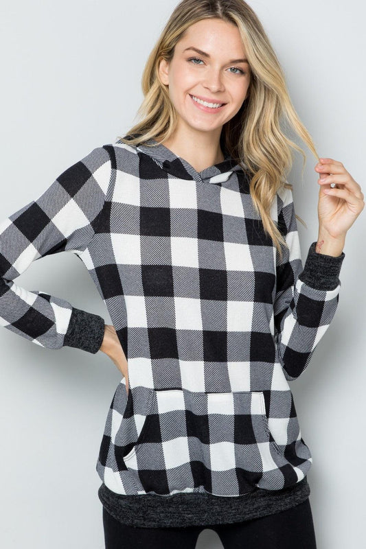 Celeste Full Size Contrast Plaid Long Sleeve Hoodie White Plaid