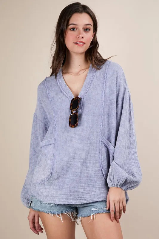 VERY J Plus Size Washed Cotton Gauze Oversized Top Blue