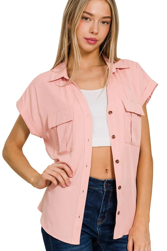Zenana Tencel V-neck Collared Top W Front Flap Pockets LT ROSE