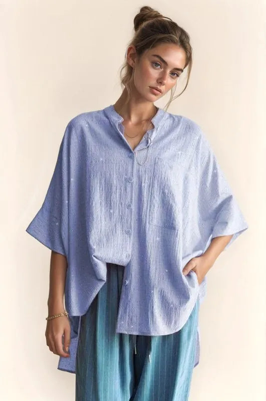 Davi & Dani Rhinestone Pleat Back Short Sleeve Loose Fit Shirt Blue