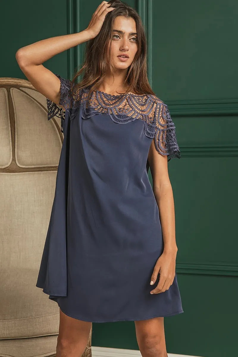 BiBi Crochet Lace Yoke Detailed Wrinkled Dress DEEP NAVY