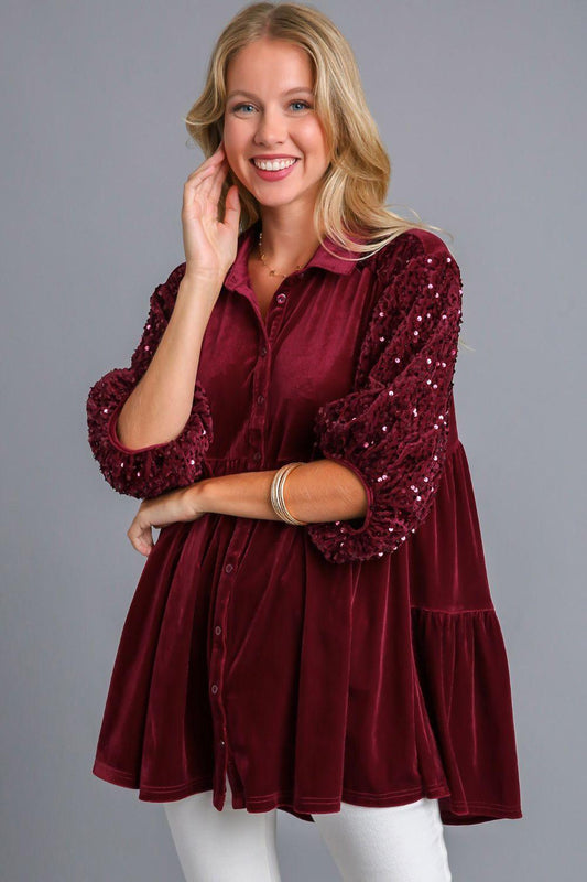 Umgee Sequin Detail Tiered Back Half Sleeve Shirt Wine