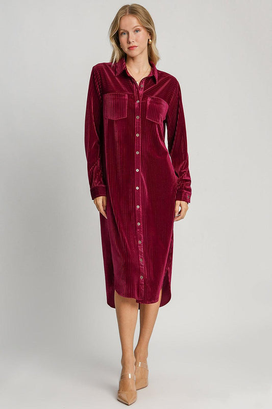 Umgee Texture Curved Hem Button Down Shirt Dress Burgundy
