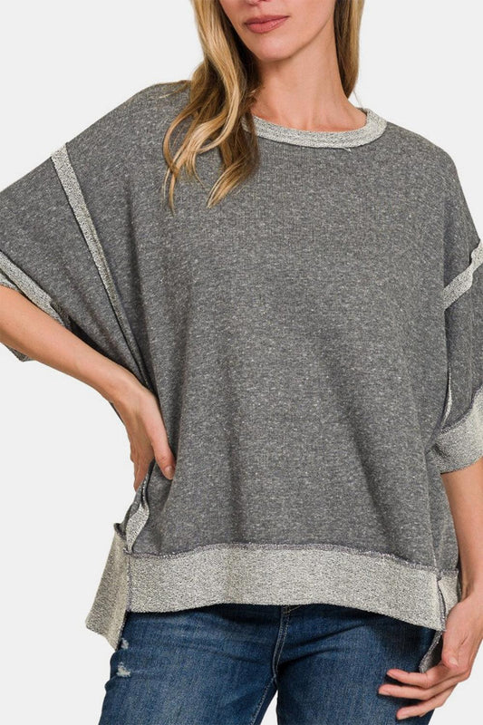 Zenana Contrast Trim Drop Shoulder T-Shirt Black