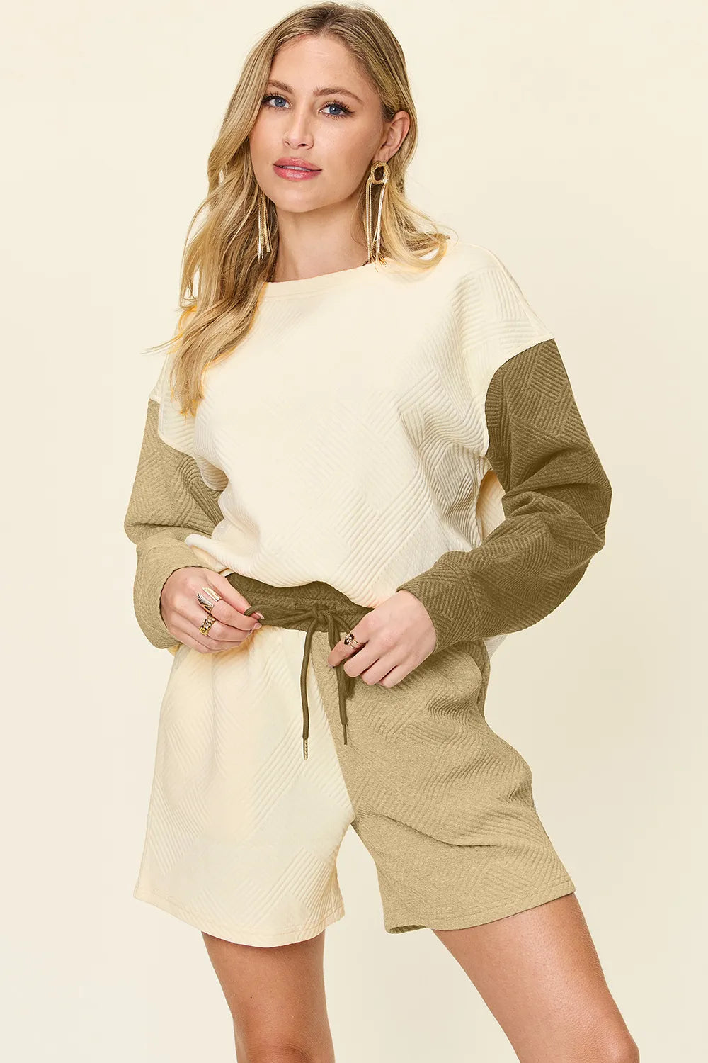 Double Take Full Size Contrast Drop Shoulder Top and Shorts Set Khaki