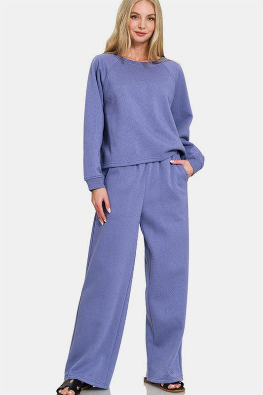 Zenana Round Neck Raglan Sleeve Top and Elastic Waist Pants Set Marlin