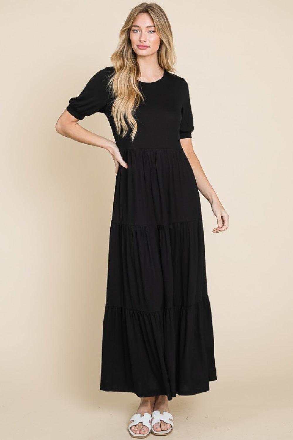 BOMBOM Short Sleeve Tiered Maxi Dress Black