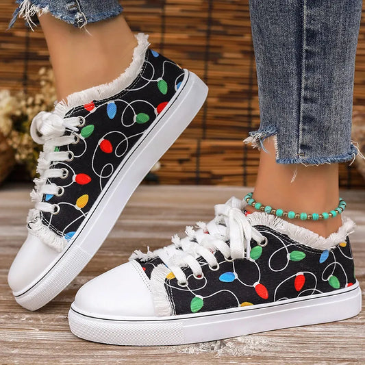 Raw Hem Printed Round Toe Sneakers Black