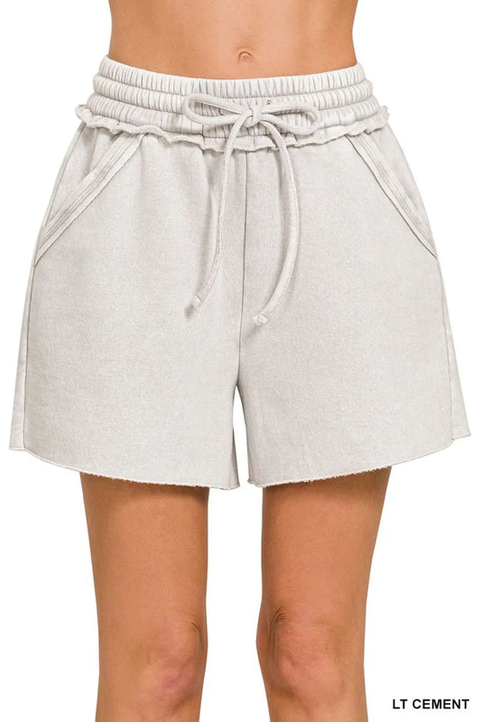Zenana Acid Wash Fleece Drawstring Shorts With Pockets LT CEMENT