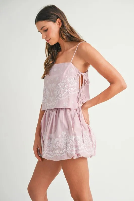 MABLE Embroidered Crop Cami and Balloon Mini Skirt Set