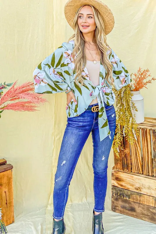 And The Why Front Tie Knot Floral Print Top SAGE