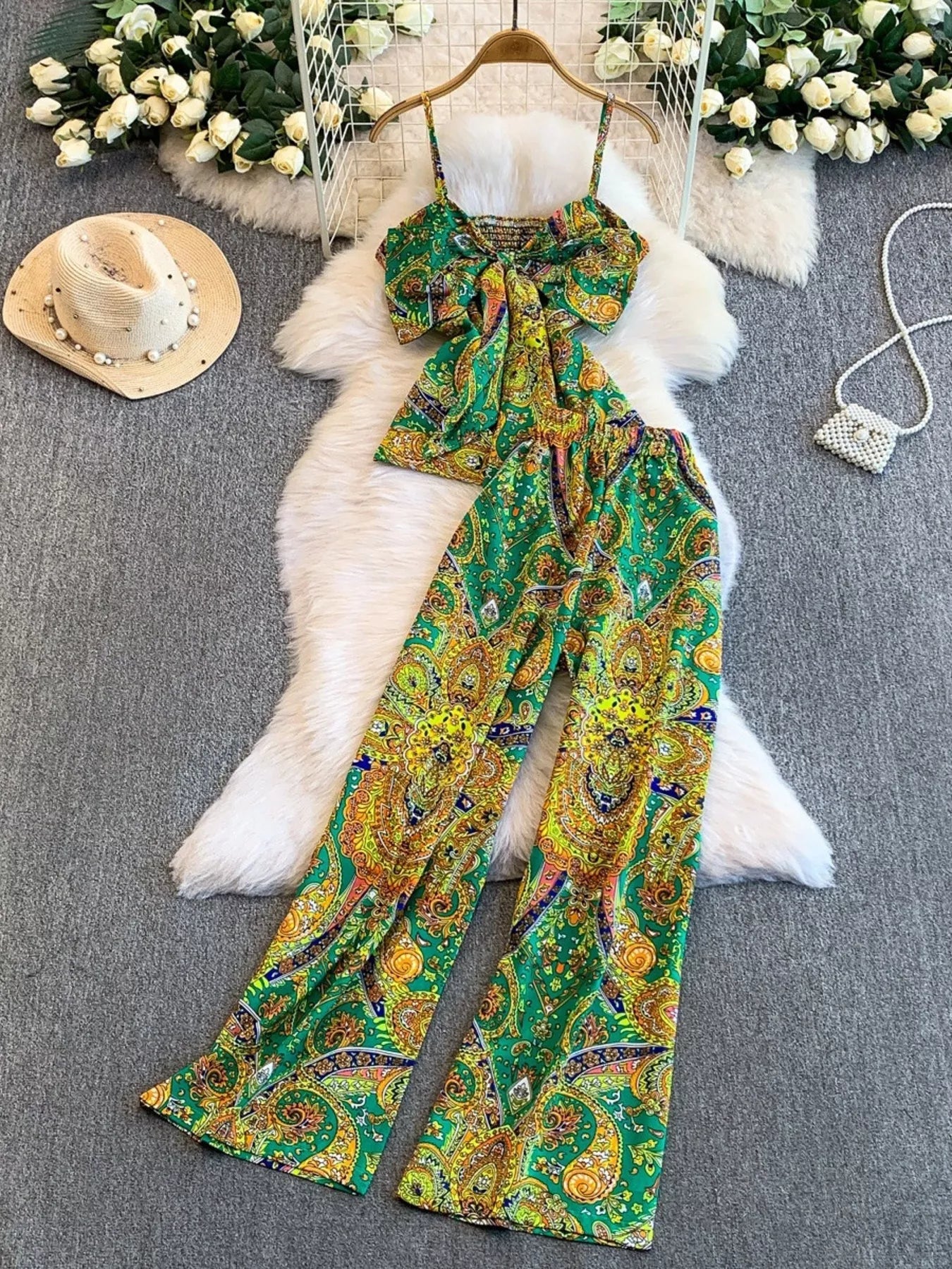 Printed Cami and Wide Leg Pants Set