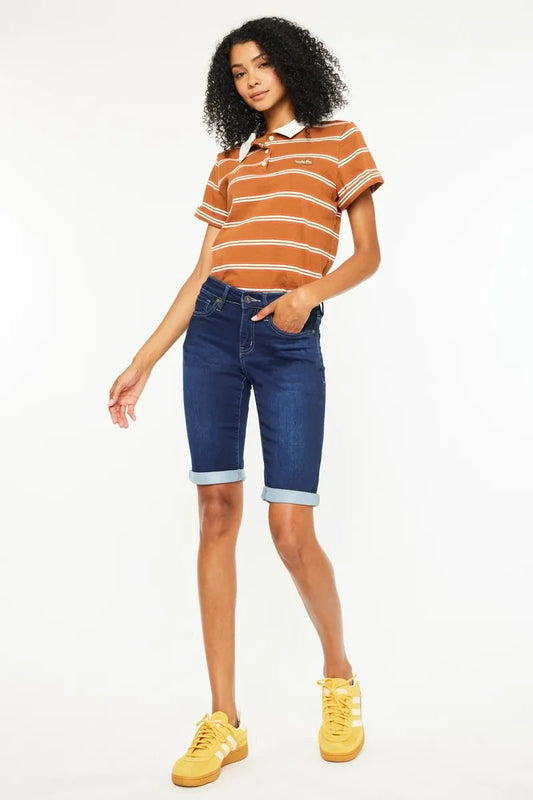 Kancan Mid Rise Bermuda Denim Shorts DARK