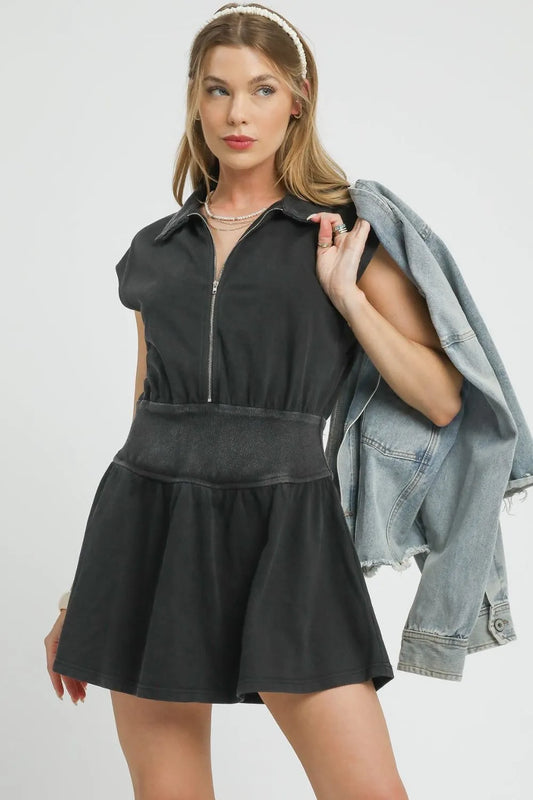 Umgee Zip Front Cap Sleeve Mini Dress Black