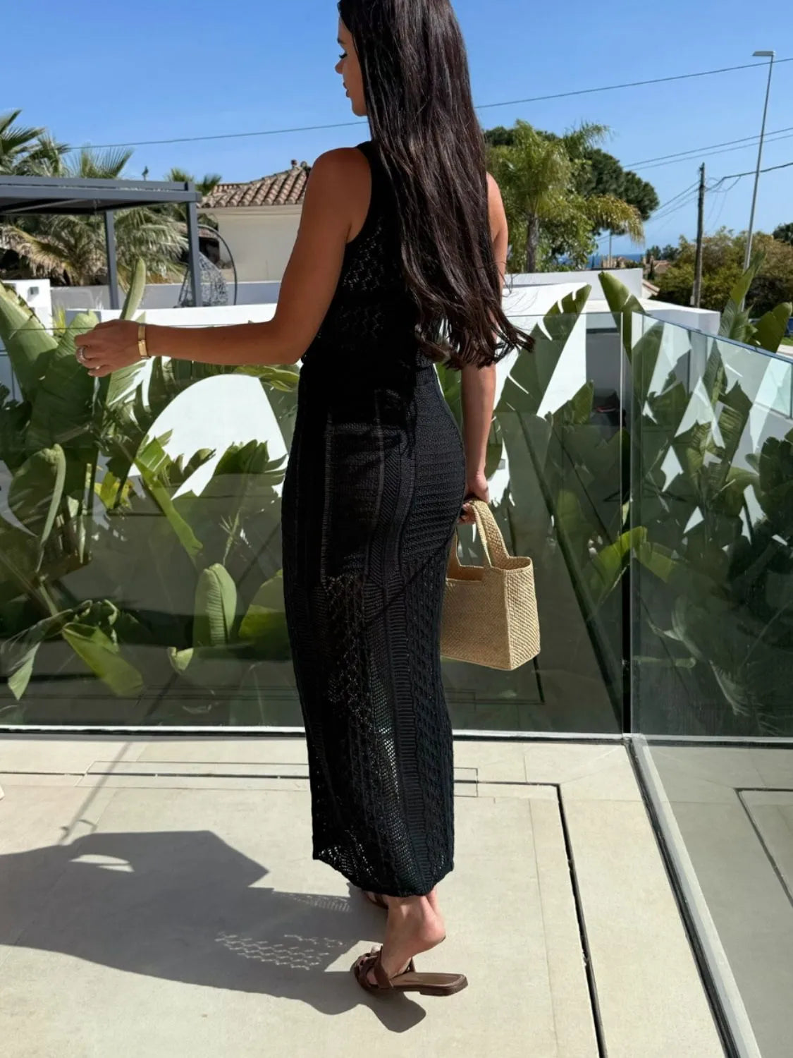 Openwork Round Neck Top and Slit Skirt Sweater Set
