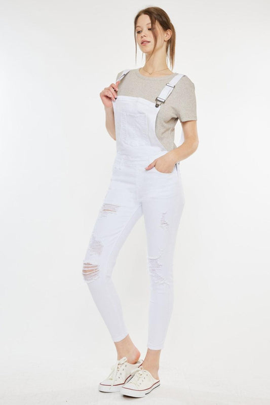 Kancan Distressed Skinny Denim Overalls White