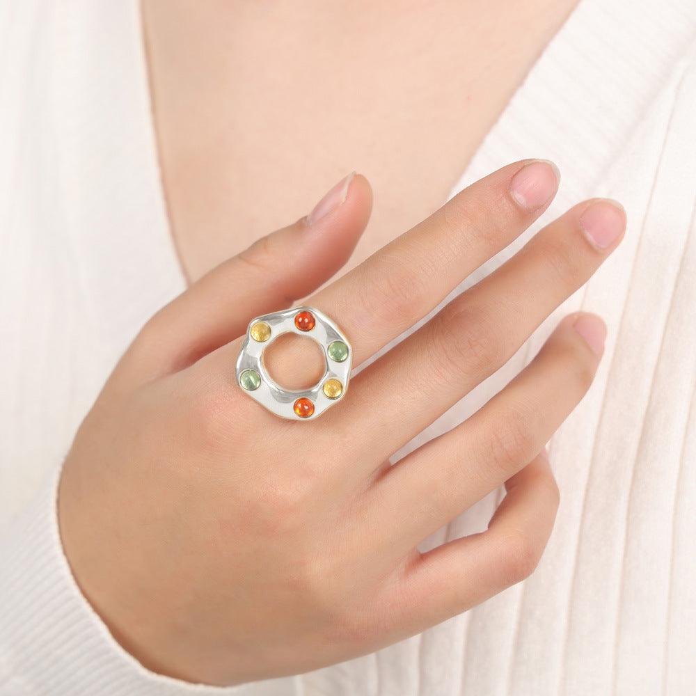 Titanium Steel Glass Bead Ring Silver 7