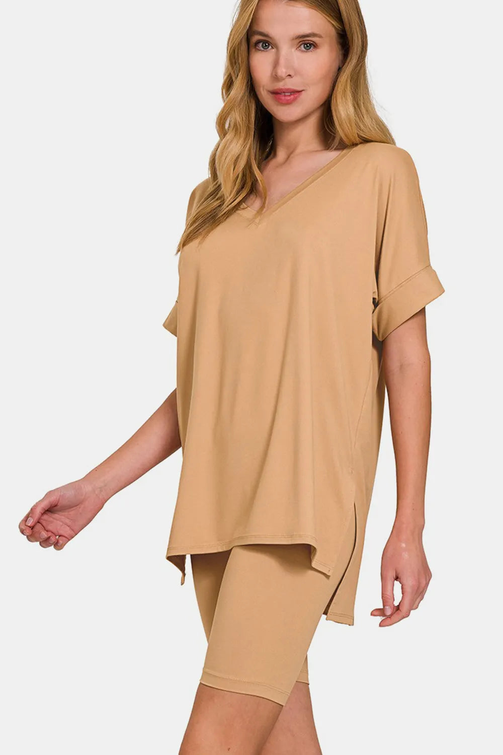 Zenana V-Neck Short Sleeve T-Shirt and Biker Shorts Set Dk Brush