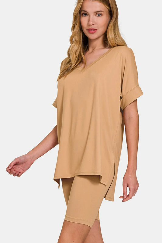 Zenana V-Neck Short Sleeve T-Shirt and Biker Shorts Set Dk Brush