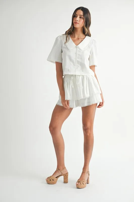 MABLE Collared Button Down Crop Top and Skort Set