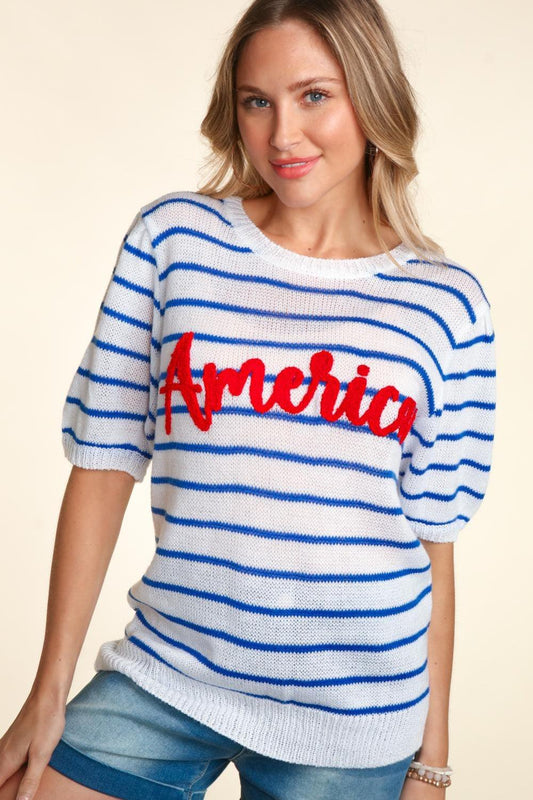 Haptics Letter Embroidery Striped Knit Top Ivory Blue Red