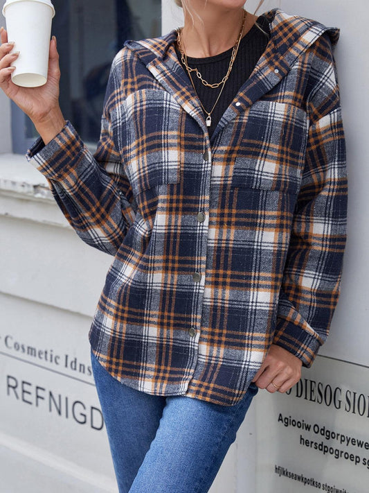 Ivy Lane Plaid Button Up Long Sleeve Hooded Jacket Navy