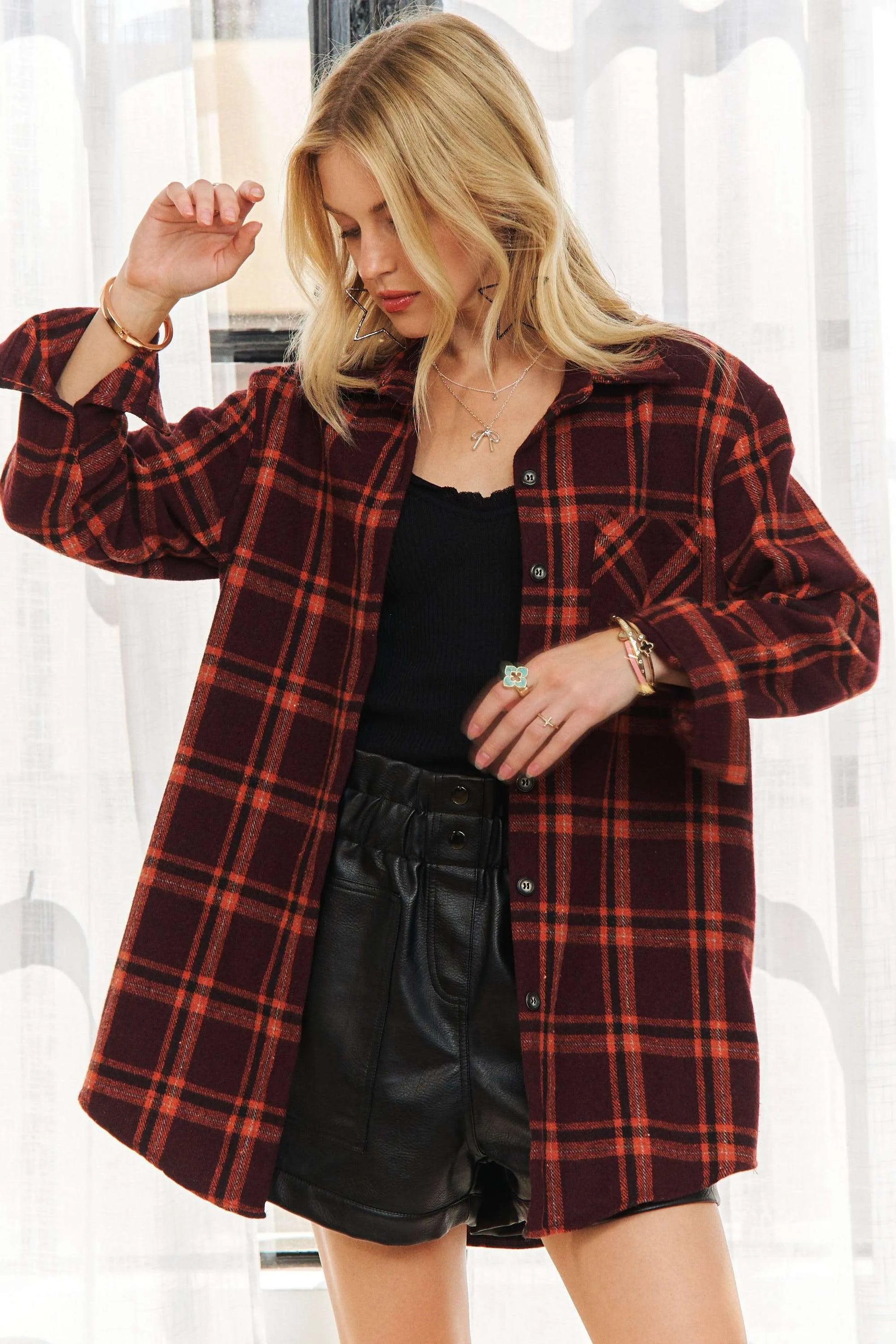 ADORA Full Size Button Down Flannel Shirt Plus Size RED