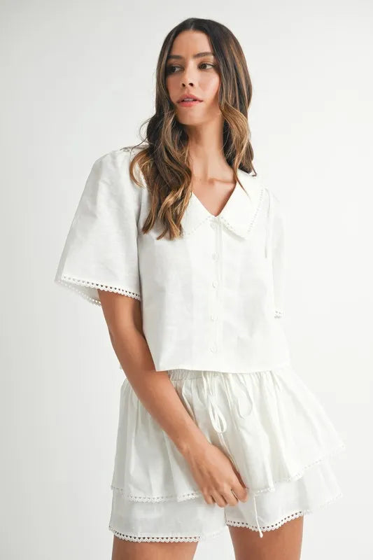 MABLE Collared Button Down Crop Top and Skort Set Off White