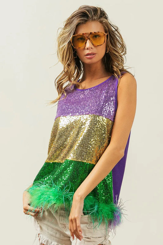 BiBi Mardi Gras Color Block Faux Feather Hem Sequin Top PURPLE MUSTARD GREEN