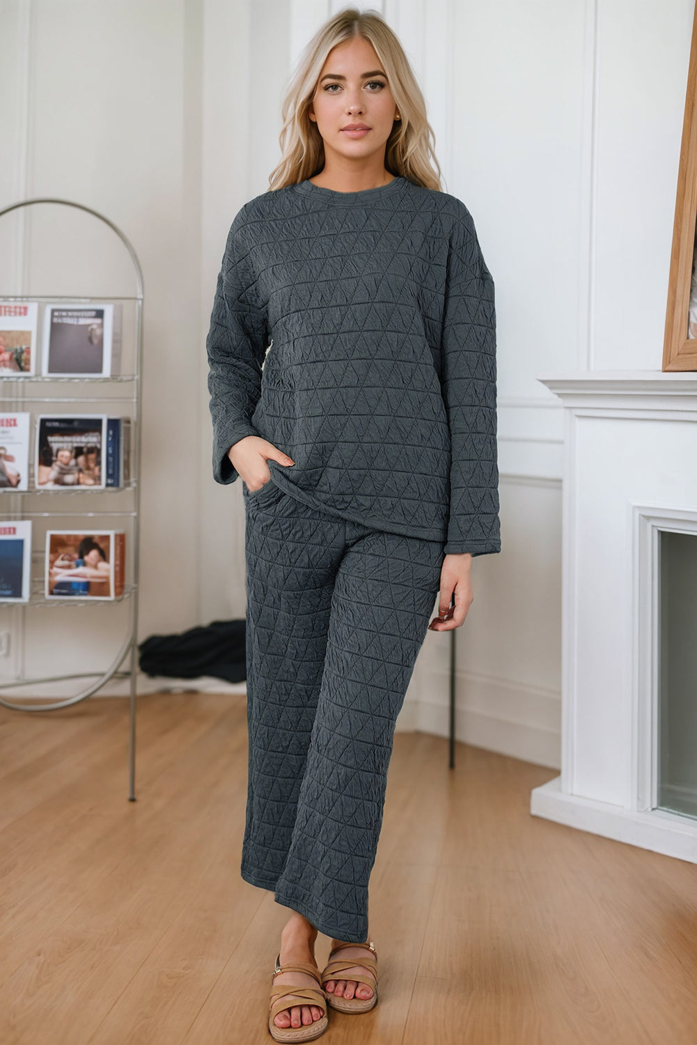 Round Neck Top and Pocketed Pants Lounge Set Black