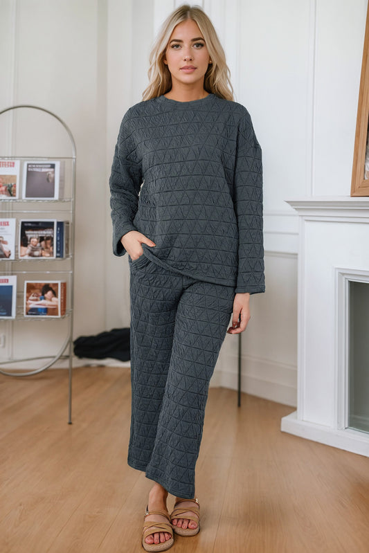 Round Neck Top and Pocketed Pants Lounge Set Black